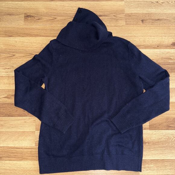 Talbots Wool Blend Women's Sweater Sz Medium Navy Polar Bear Cowl Neck Pullover - Picture 2 of 8